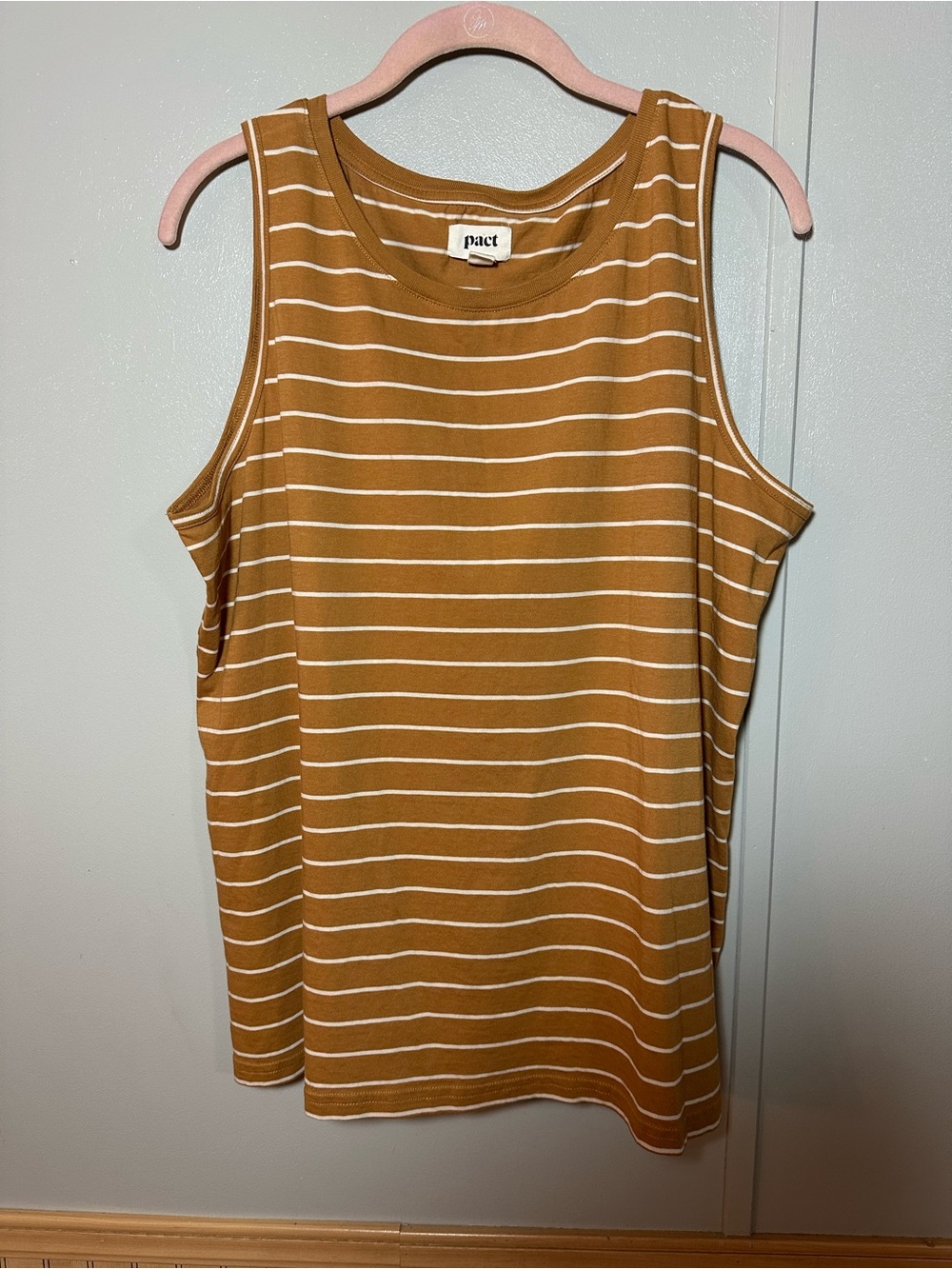 Pact Women’s Mustard Yellow White Striped Classic Crew Neckline Sleeveless Tank